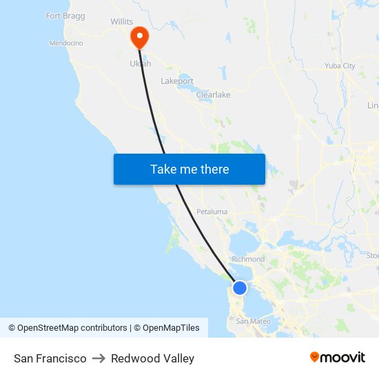 San Francisco to Redwood Valley map