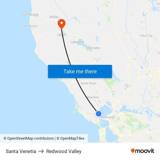 Santa Venetia to Redwood Valley map