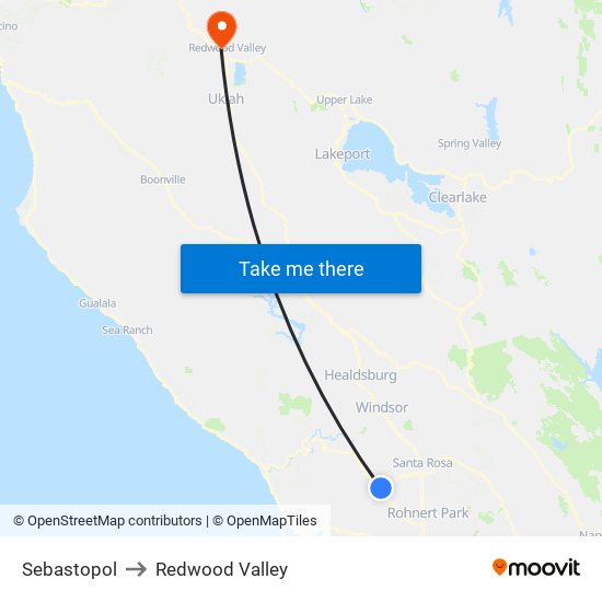 Sebastopol to Redwood Valley map