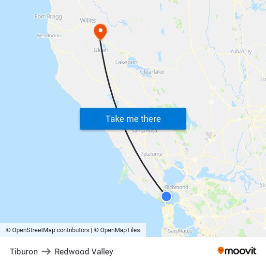 Tiburon to Redwood Valley map