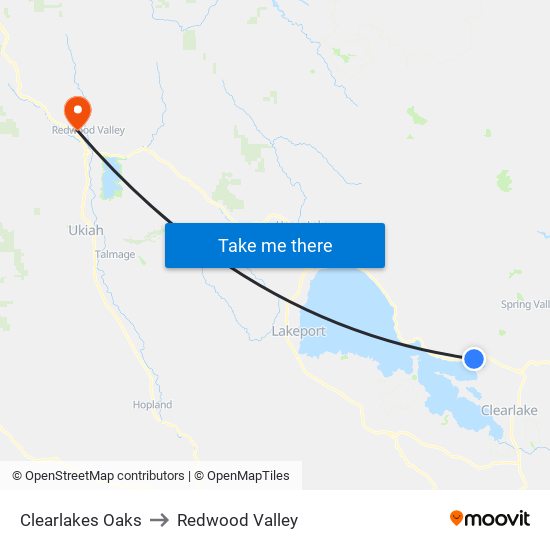 Clearlakes Oaks to Redwood Valley map