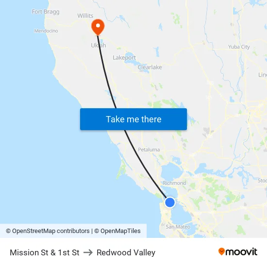 Mission St & 1st St to Redwood Valley map