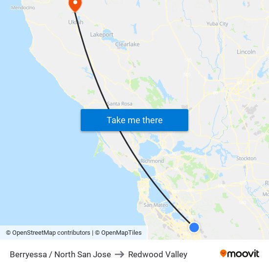 Berryessa / North San Jose to Redwood Valley map