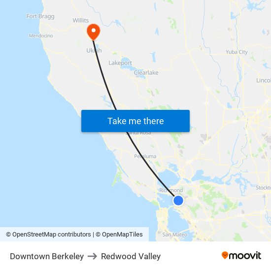 Downtown Berkeley to Redwood Valley map