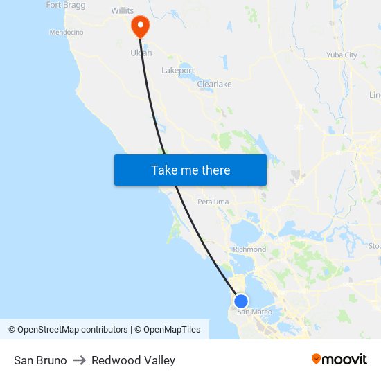 San Bruno to Redwood Valley map