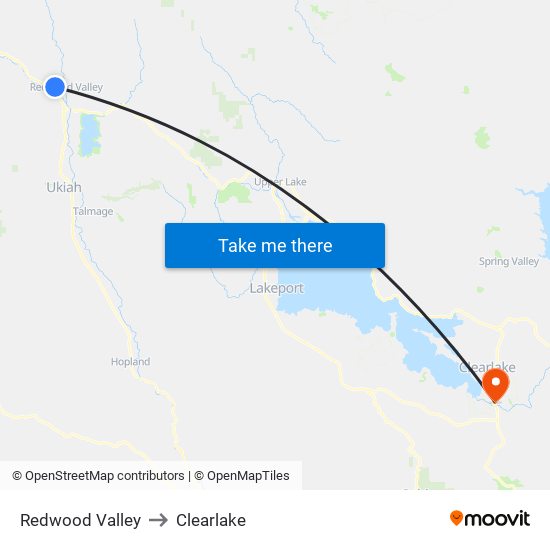 Redwood Valley to Clearlake map