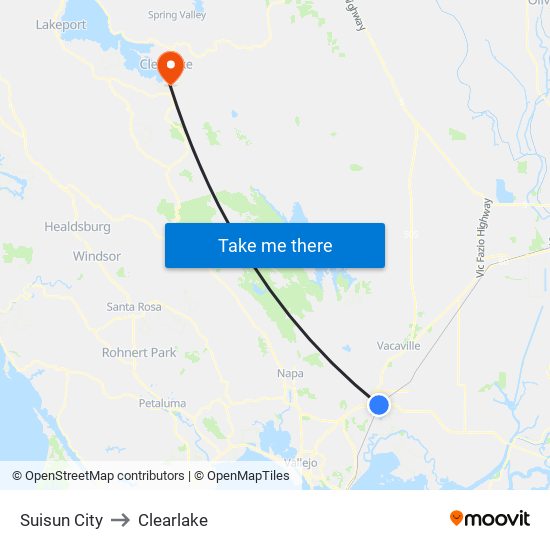 Suisun City to Clearlake map