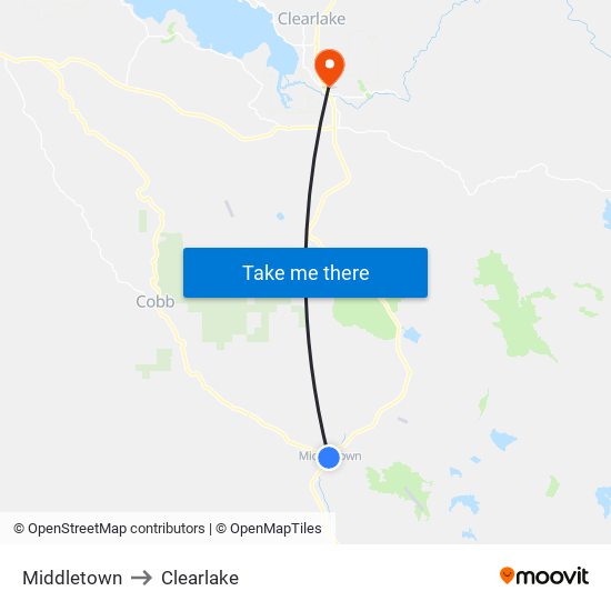 Middletown to Clearlake map