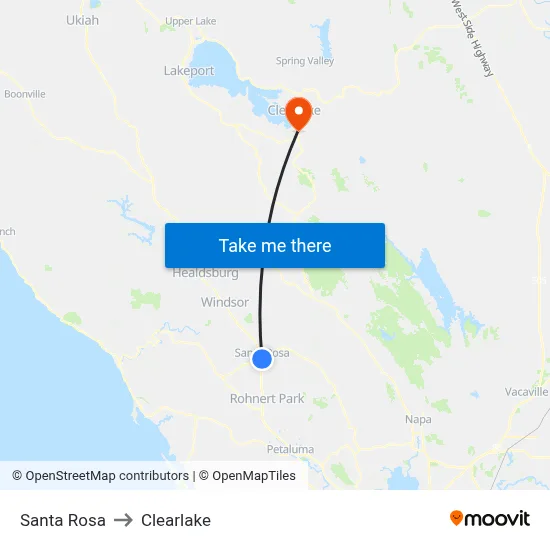 Santa Rosa to Clearlake map