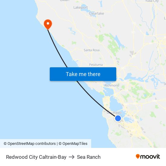 Redwood City Caltrain-Bay to Sea Ranch map