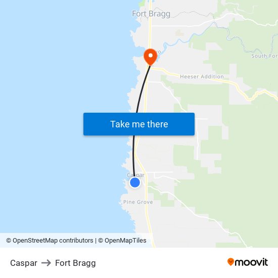 Caspar to Fort Bragg map