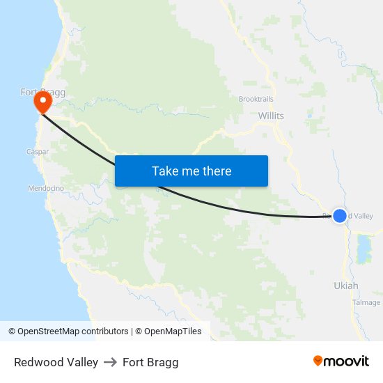 Redwood Valley to Fort Bragg map