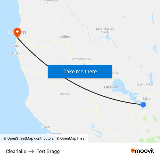 Clearlake to Fort Bragg map
