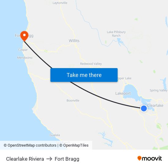 Clearlake Riviera to Fort Bragg map