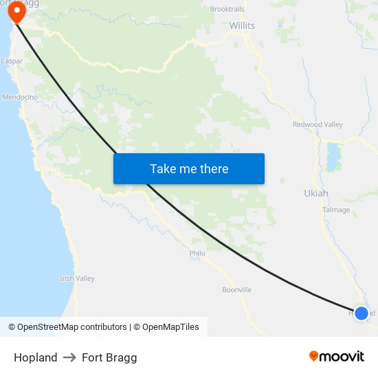 Hopland to Fort Bragg map