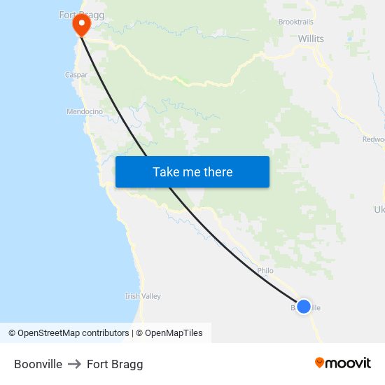 Boonville to Fort Bragg map