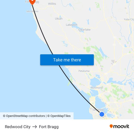 Redwood City to Fort Bragg map