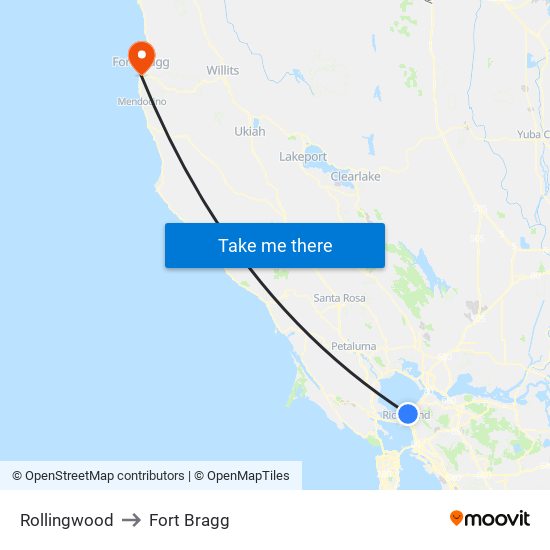 Rollingwood to Fort Bragg map