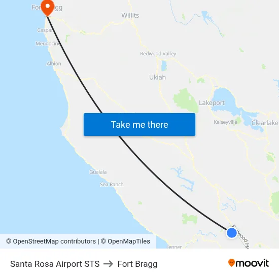 Santa Rosa Airport STS to Fort Bragg map