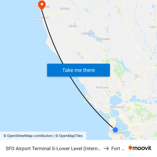 SFO Airport Terminal G-Lower Level (International Terminal Courtyard) to Fort Bragg map