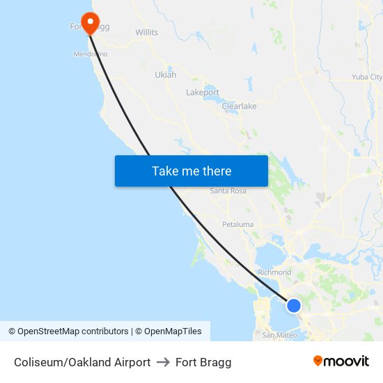 Coliseum/Oakland Airport to Fort Bragg map