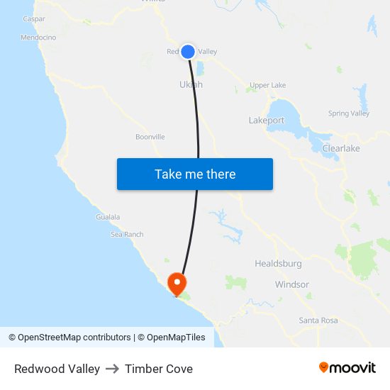 Redwood Valley to Timber Cove map