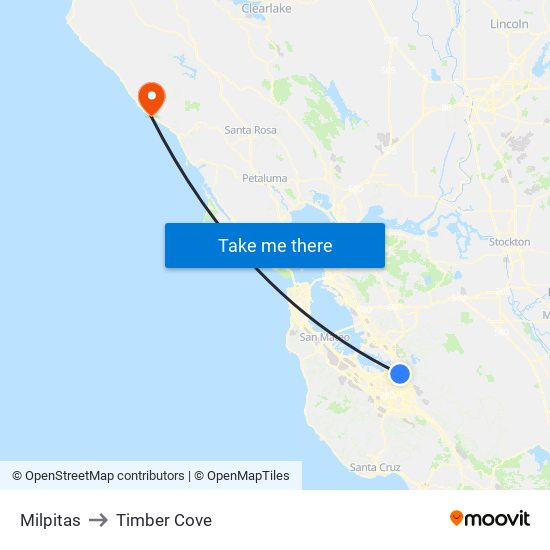 Milpitas to Timber Cove map