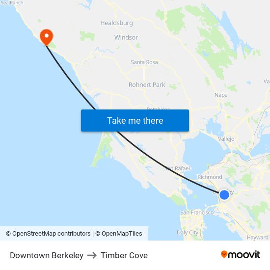 Downtown Berkeley to Timber Cove map