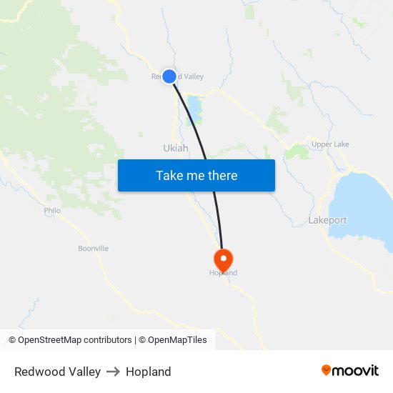 Redwood Valley to Hopland map