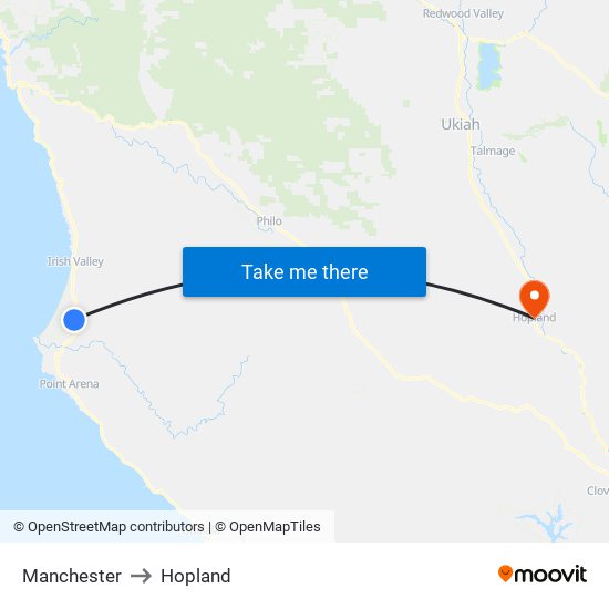 Manchester to Hopland map