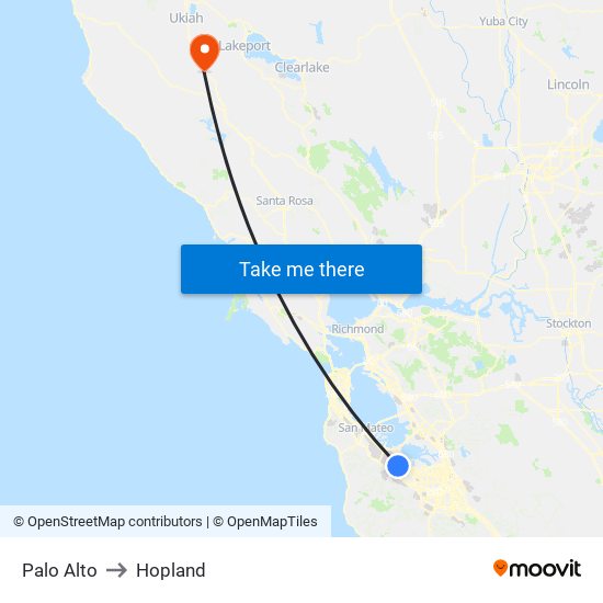 Palo Alto to Hopland map