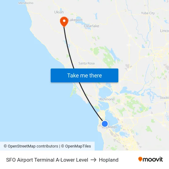 SFO Airport Terminal A-Lower Level to Hopland map