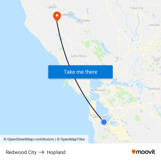 Redwood City to Hopland map