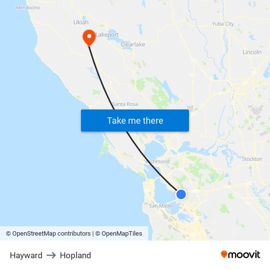 Hayward to Hopland map