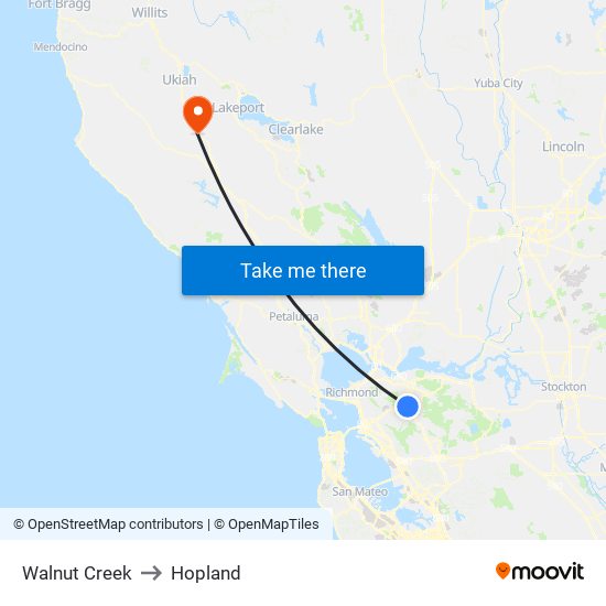 Walnut Creek to Hopland map