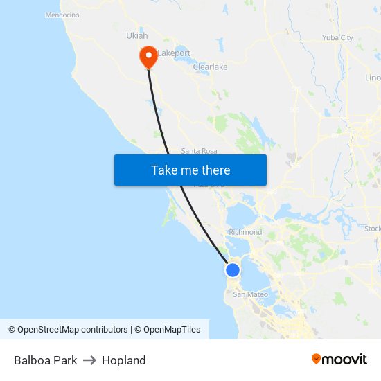 Balboa Park to Hopland map