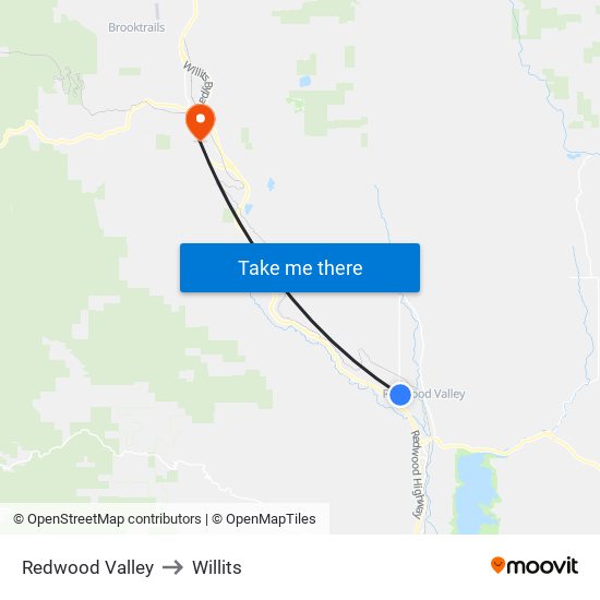 Redwood Valley to Willits map