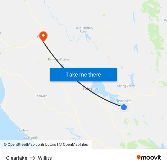 Clearlake to Willits map