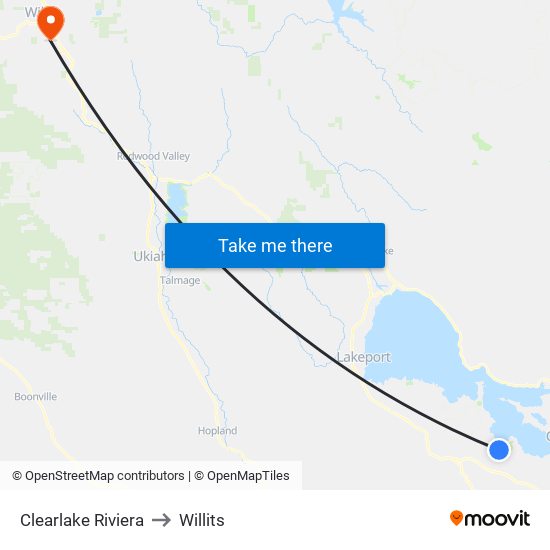 Clearlake Riviera to Willits map