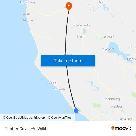 Timber Cove to Willits map