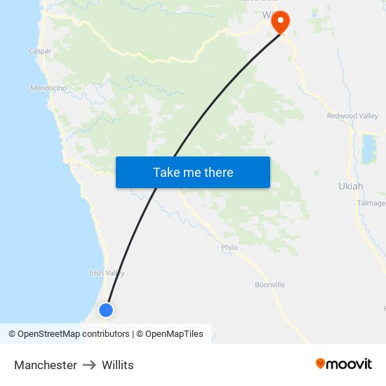 Manchester to Willits map