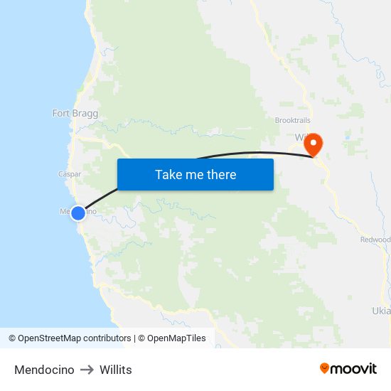 Mendocino to Willits map