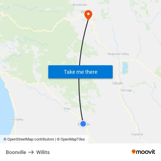 Boonville to Willits map