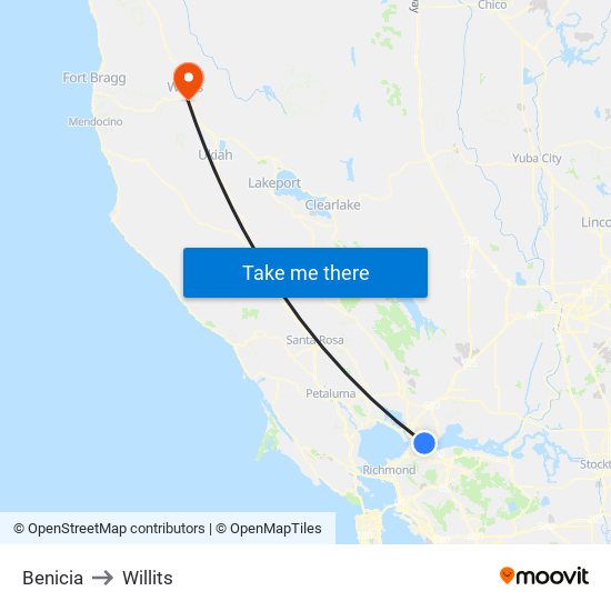 Benicia to Willits map
