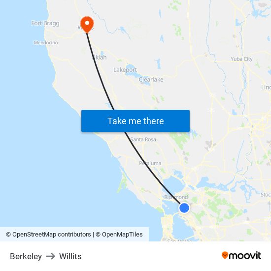 Berkeley to Willits map