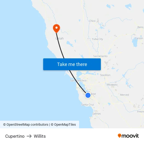 Cupertino to Willits map