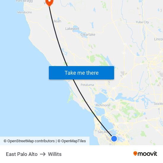 East Palo Alto to Willits map