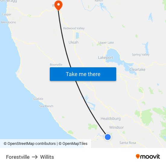 Forestville to Willits map