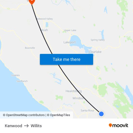 Kenwood to Willits map