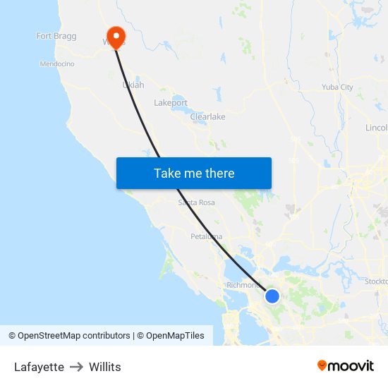 Lafayette to Willits map